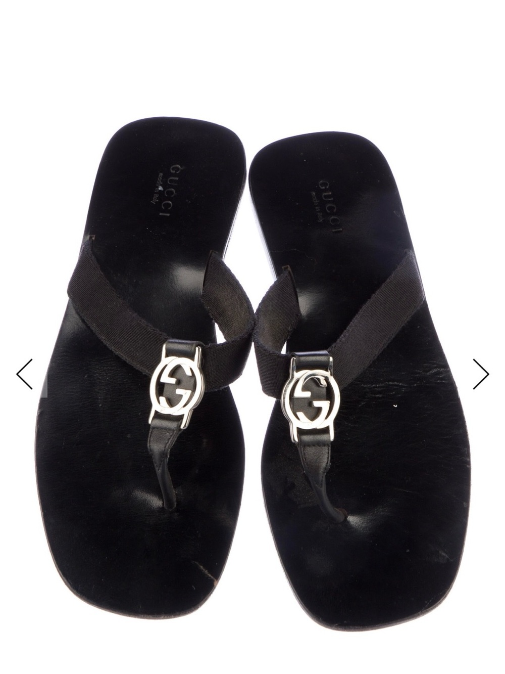 Gucci Black Leather & Fabric Thong Sandals with Silver Double G